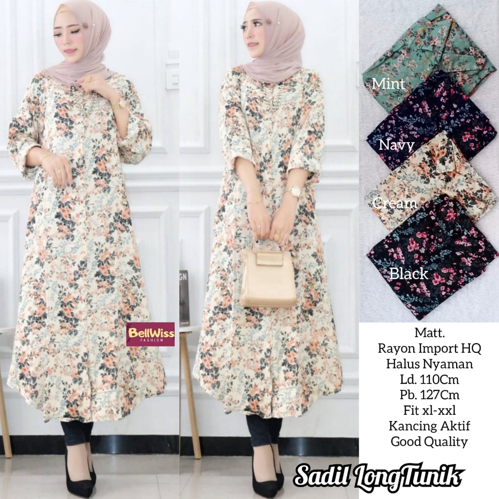 RESTOK BANYAK sadil long tunik by bellwiss ld 110 allsize busui long tunik bahan rayon import motif 