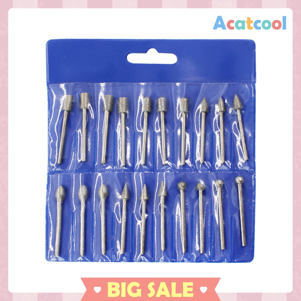 20pcs Diamond Grinding Heads 3mm Shank Mini Bit Set for Rotary Drill Tool