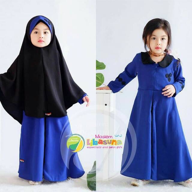 Setelan Gamis + Jilbab Anak Biru Elektrik by Moslem Libasuna madeena