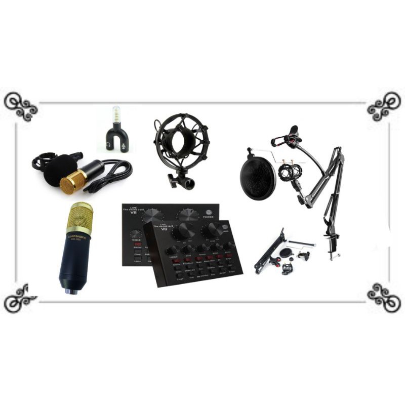 PAKET KOMPLIT Alat rekaman/Podcast-Mic Condensor BM 800-Soundcard V8-Stand Mic LazyPod-U Splitter