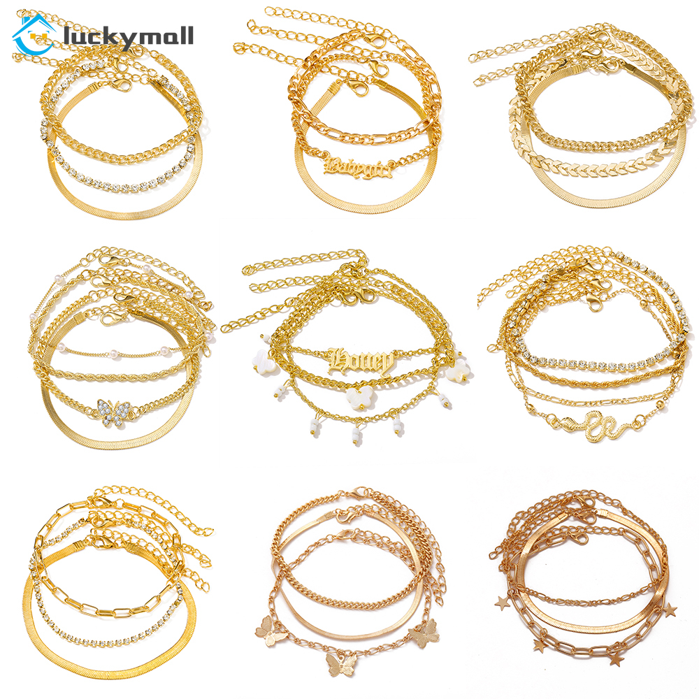 Butterfly Gelang Rantai Emas Multilayer Desain Kupu-Kupu Aksen Berlian Gaya Retro Untuk Wanita