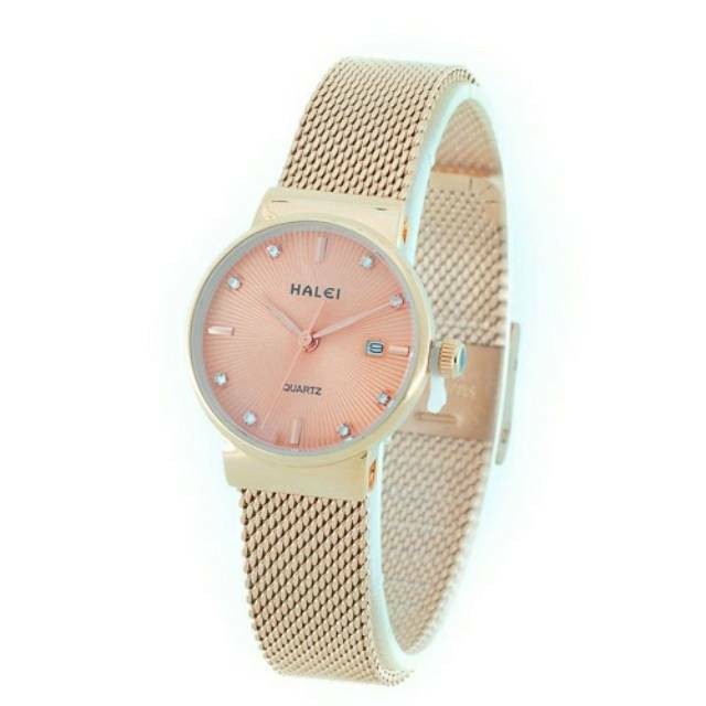 Jam Tangan Wanita Imut dan Keren Rantai Pasir Rosegold Halei Original Watch 8024 Plat Rose