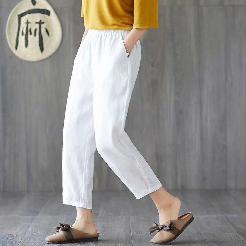 Promosi!Ready M-4XL Celana Dipotong Wanita Katun Linen Soft Warna solid Longgar Harem Women Casual Pants