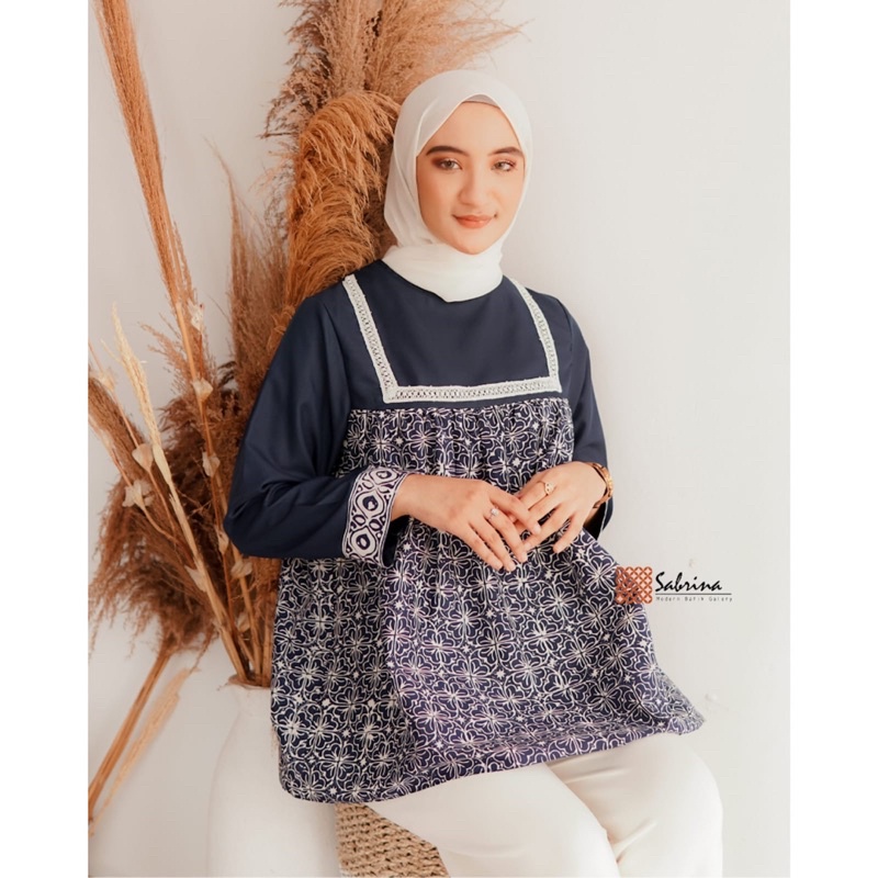 Adena Navy Blouse Atasan Batik Wanita Kerja Kantor Modern Kekinian Katun Cap