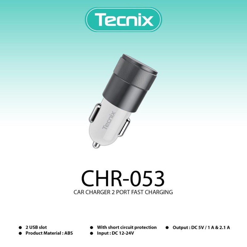 CHARGER MOBIL CAR CHARGER TECNIX CHR-053 2 PORT 2.1A FAST CHARGING GARANSI RESMI 1 TAHUN