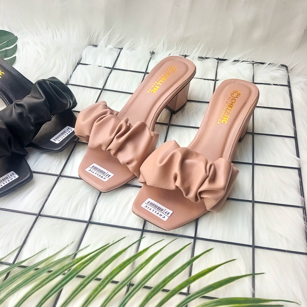 High Heels Wanita Aksen Kerut Sandal Hak Tahu 5CM Chelltic 07/Sendal Wanita Kekinian Terbaru Murah/Wedges Wanita 5cm/Sepatu Wanita/Selop Wanita Pesta/Cod/Bisa Bayar Di Tempat/Gratis Ongkir/Sendal Selop Wanita import