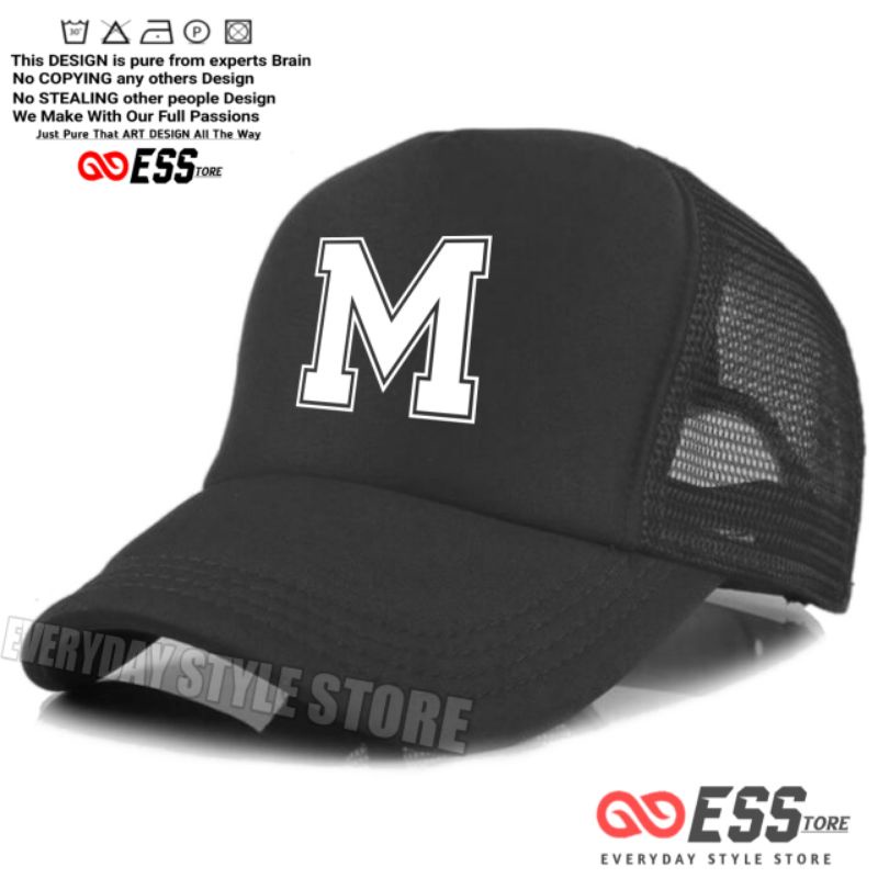 Topi Huruf M Trucker Jaring - Topi Inisial Abjad Alphabet Teks Huruf M