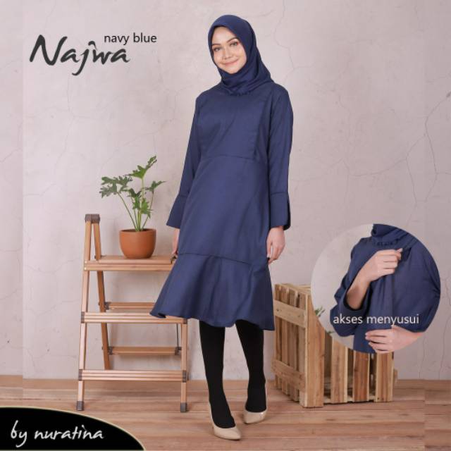 Najwa - Navy Blue Baju Tunik Katun Menyusui
