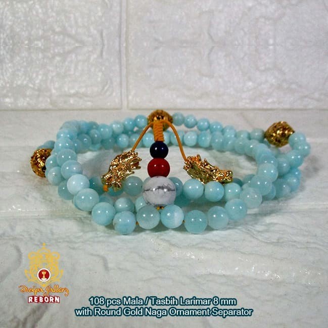 108 pcs Mala / Tasbih Larimar Biru 8 mm with Round Gold Naga Ornament