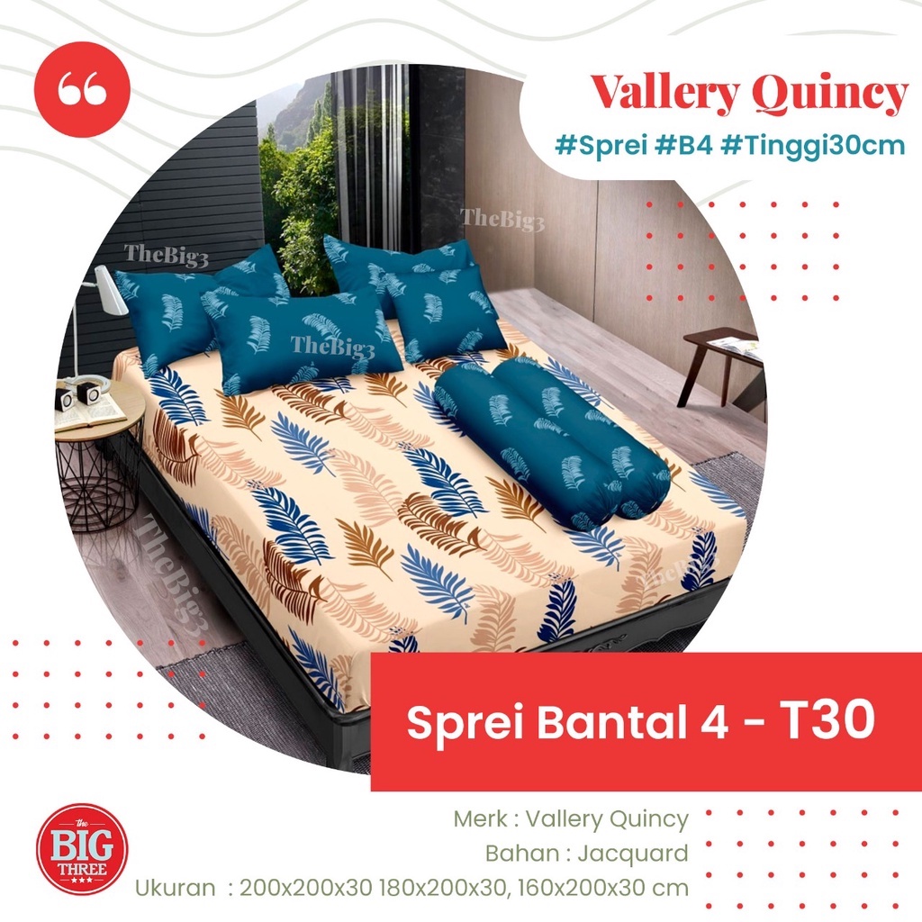 VALLERY QUINCY Sprei 4 Bantal 180x200 Tinggi 30 motif Archie Merlin Bruno Grayson Riana Lisa Raskal Aquatic Luxton Russel Kimmy Karen - King 180 B4 T30 SP