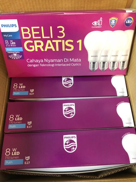 LAMPU PHILIPS PAKET LED MYCARE 8W 8 W WATT BELI 3 GRATIS 1 PUTIH