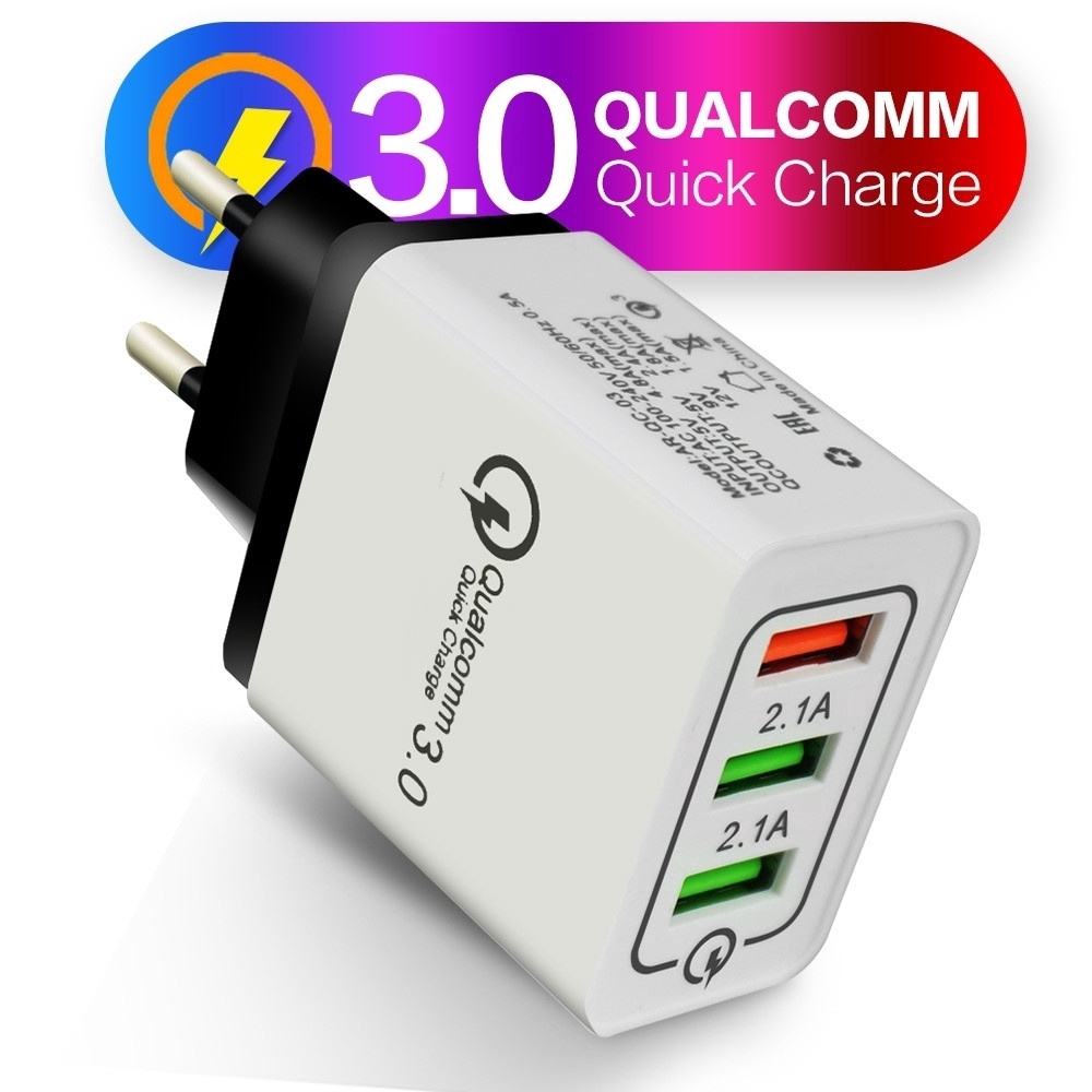 Fast Charger 3 Port QC3.0 Mobile Phone Adaptor 12V EU / US Plug Wall USB Kepala Charger for Mobile Phone