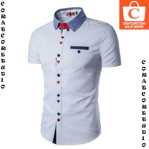 M L XL - Kemeja Pria Polos Lengan Pendek Saku Kerah Kancing Ganda PUTIH BIRU MERAH - CORATCORETUDIO
