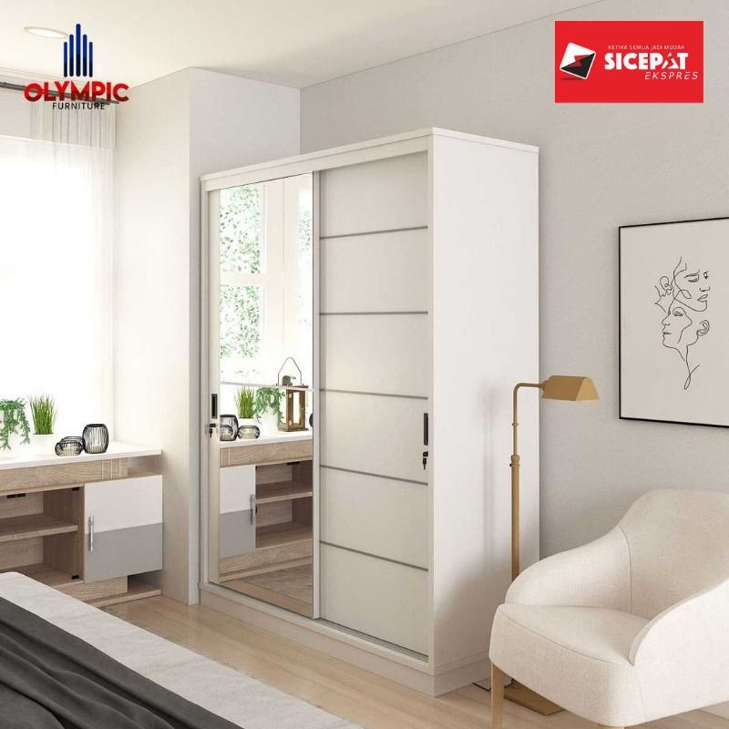 Lemari Baju/Pakaian 2 Pintu Sliding Putih Minimalis kaca Geser Wds Palazio Olympic