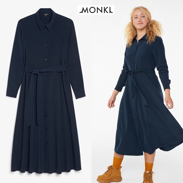 Monki Belted Shirt Long Maxi Dress Navy - Dress Hijaber Branded Wanita