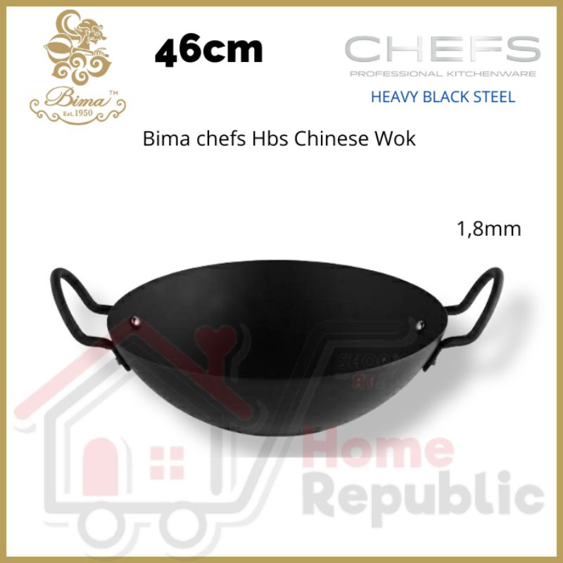 Bima Chefs Heavy Black Steel Chinese Wok 46cm Wajan Hitam Penggorengan 1.8mm BP1951346