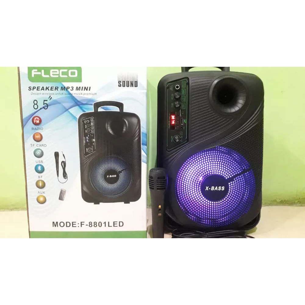 Speaker Bluetooth Karaoke Fleco F-8801 LED 8,5 Inch Gratis Microphone Super Bass Salon Bluetooth SPEAKER KARAOKE WIRELESS