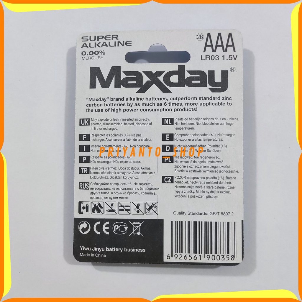 BATTERY BATERAI MAXDAY SUPER ALKALINE A3 AAA LR03 ASLI 2PCS ORIGINAL