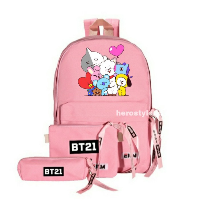 TAS SEKOLAH ANAK PEREMPUAN BT21 SET 3 in 1  BARU POPULER 2022 TAS RANSEL SEKOLAH ANAK RANSEL SEKOLAH ANAK PEREMPUAN BT21 SET 3 in 1