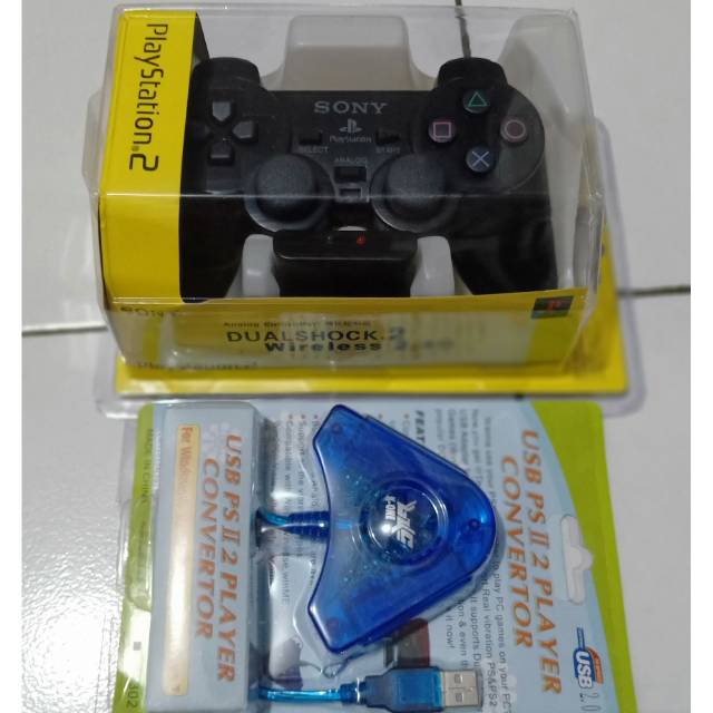 PAKET 1STIK WIRELESS PS2 HITAM + 1 CONVERTER DOUBLE BIRU