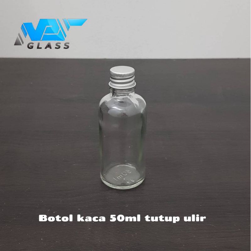 botol kaca 50ml bening tutup ulir almunium / botol ulir 50ml kaca