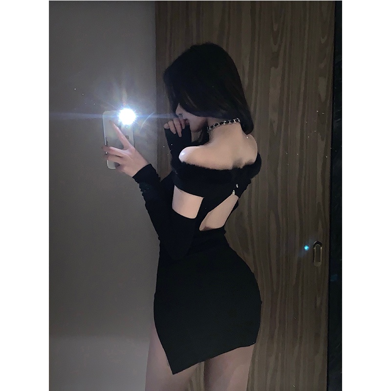 midi dress korea jahitan berbulu satu bahu split terbuka kembali lengan panjang gaun rok paket seksi