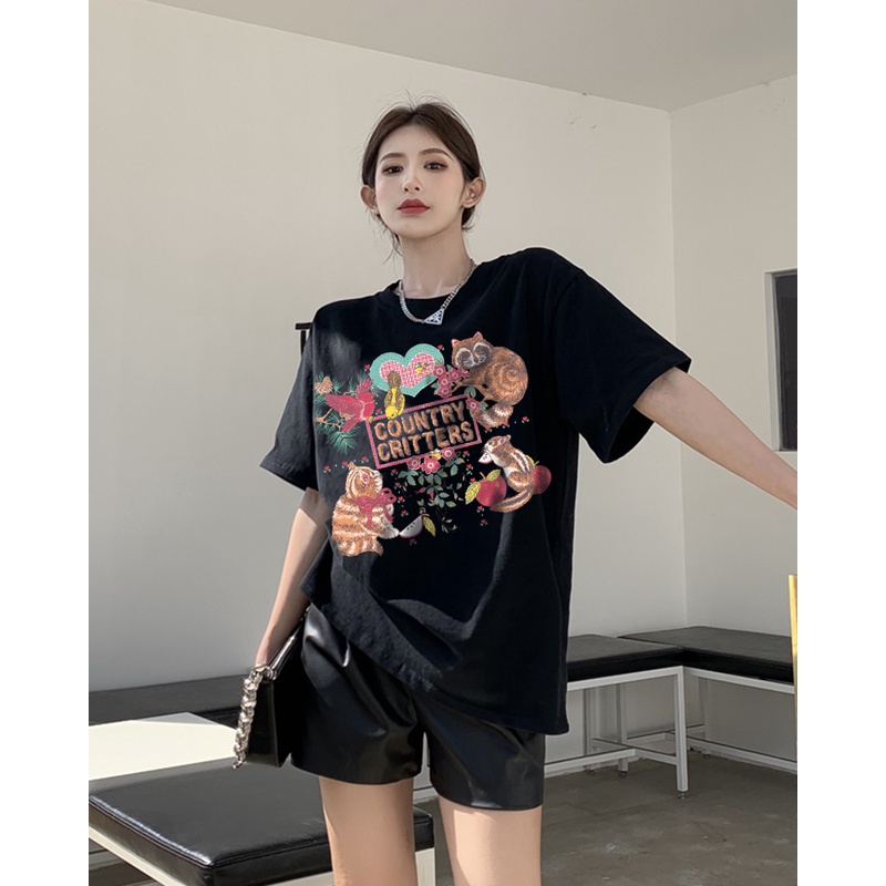 Printed T-shirt /atasan wanita warna putih/baju oversize wanita /baju oversize wanita murah murah/Atasan hitam lengan pendek retro longgar gaya korea sederhana