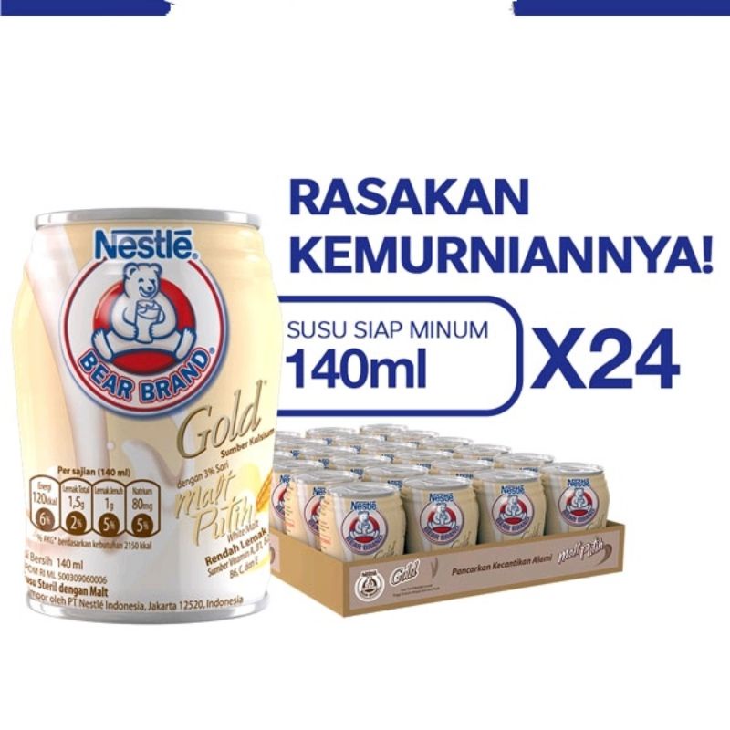 BEAR BRAND Susu Kaleng Gold White Malt Susu Steril 140ml x 24 pcs 1 dus karton