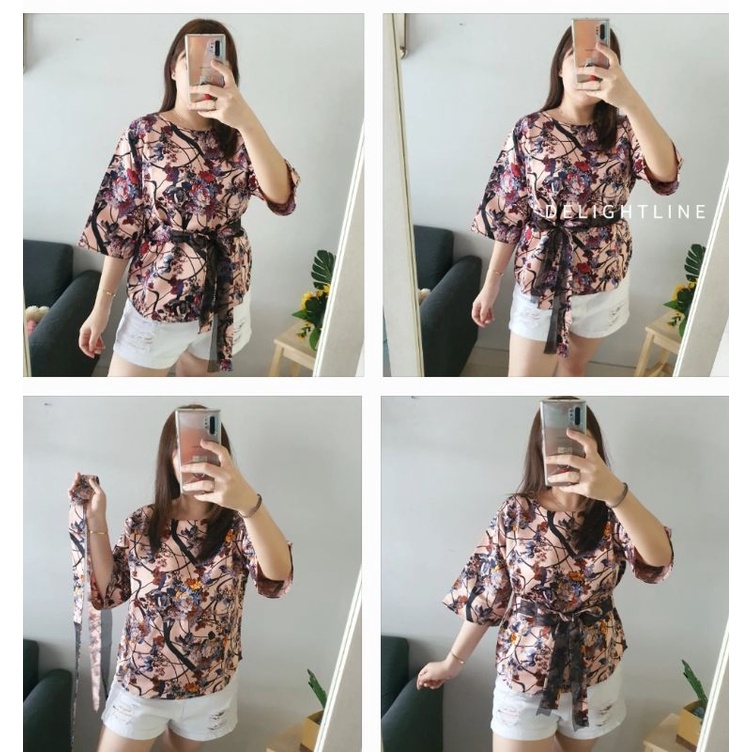 RIBBON BOW TIED TOP BLOUSE WANITA BLACKOUT DELIGHTLINE - MOTIF SAKURA FLOWER - LENGAN PANJANG 7/8-6
