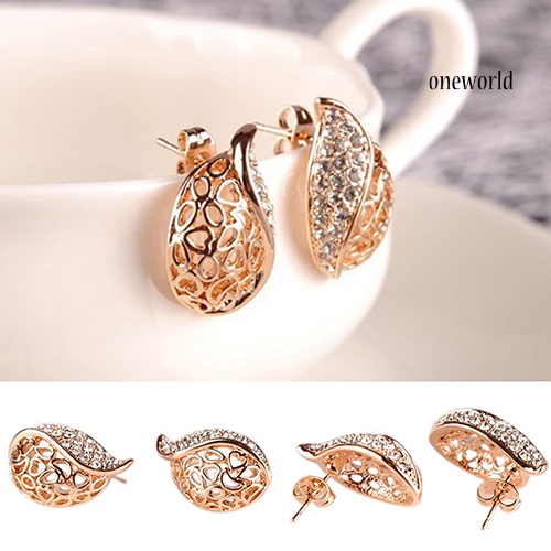 OW@ 1 Pair Fashion Women's Lady Hollow Leaf Rhinestone Ear Stud Earrings Golden Tone