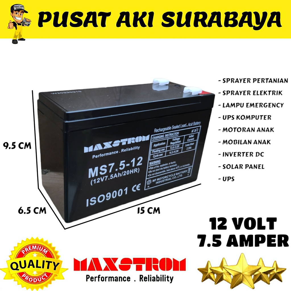 MAXSTROM 12 VOLT 7.5 AMPER ACCU VRLA 12V 7.5Ah MOBIL MOBILAN AKI ANAK BATERAI UPS INVERTER DC TO AC EMERGENCY LAMP YUKITA PMB PLIKO UNIKID AUTO WHEELER