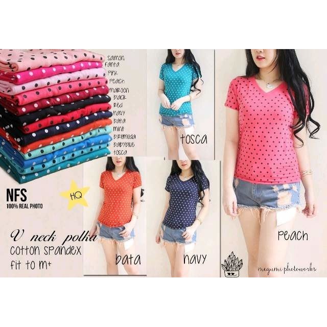 Atasan Kaos Polos Vneck Wanita , Kaos Polos Polkadot Wanita, Kaos Vneck Polos