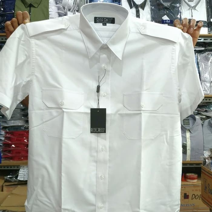 Kemeja Pria Rita Ricci Putih Cerah Pilot Pendek Oxford Kantong Dua Best Quality