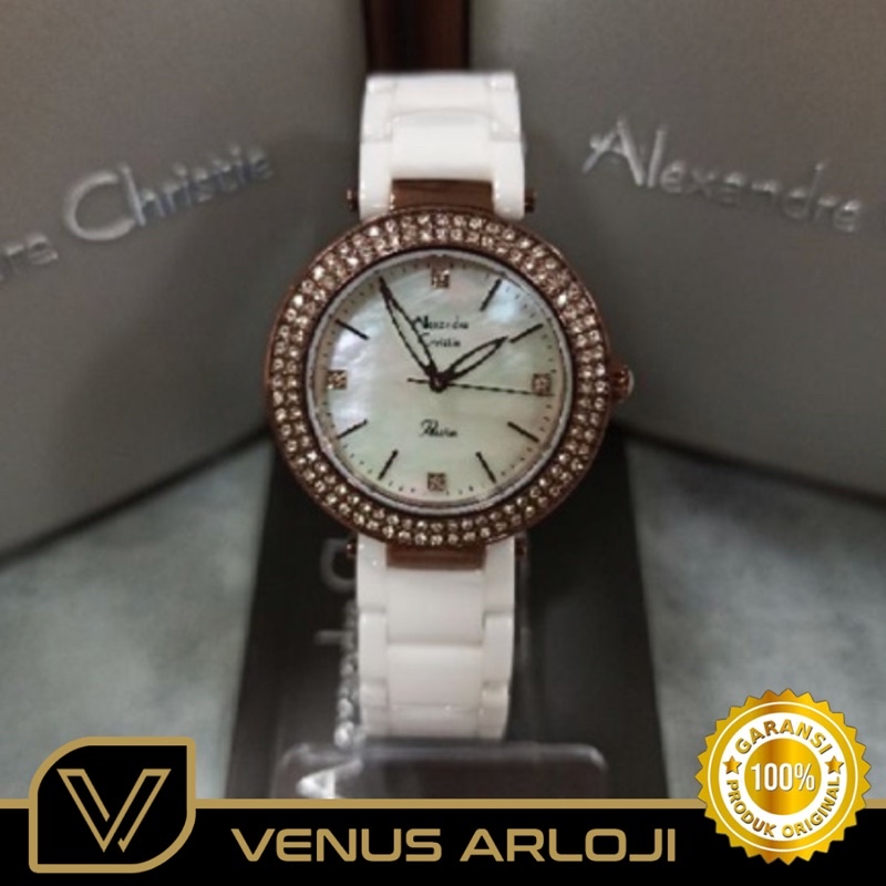 Jam Alexandre Christie AC 2323 LH BBN Coklat Wanita Rantai Keramik Putih Bulat