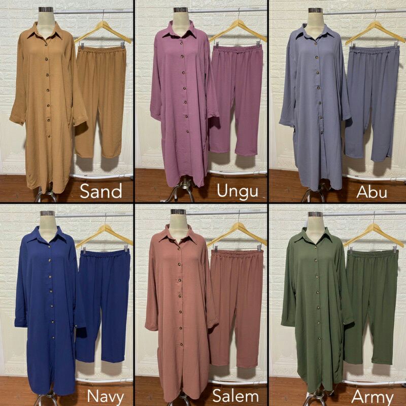 LONG TUNIK SET CELANA PANJANG LENGAN PANJANG WANITA DEWASA BUSUI FRIENDLY BAHAN KATUN RAYON CRINKLE 