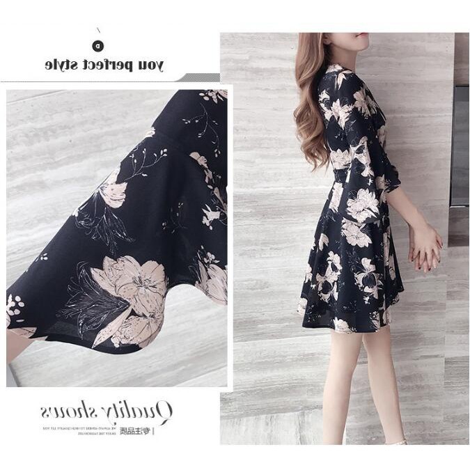 Dress Lengan Setengah Model Longgar, Bahan Sifon, Motif Floral, Gaya Korea