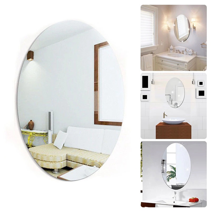 Stiker Dinding Cermin 3D Bentuk Oval Bahan Akrilik Untuk Dekorasi Kamar Mandi