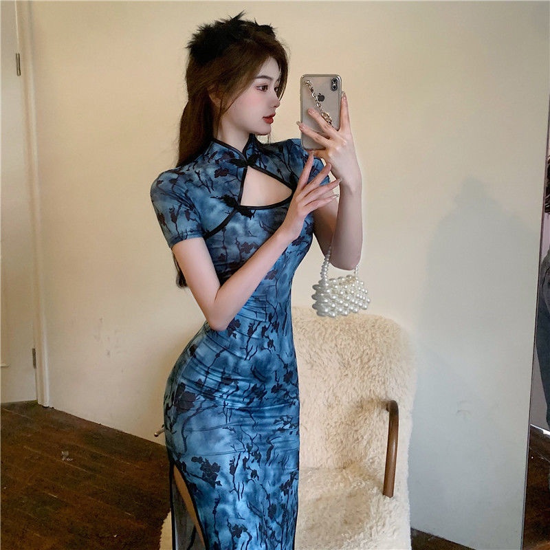 Vintage daily cheongsam improved version young style bone etching hollow out high split middle and l