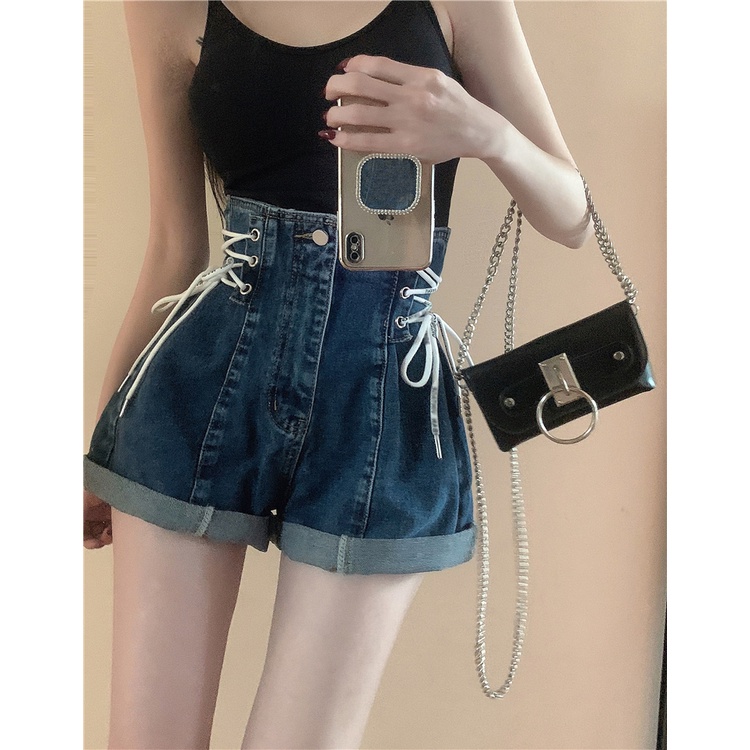 Gaya Korea Jeans Hot Girl Rolled Edge Perban Celana Pendek Denim Wanita Musim Panas 2022 Baru Warna
