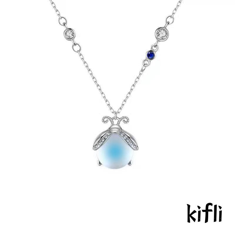 Kalung Rantai Klavikula Desain Kunangkunang Aksen Moonstone Untuk Hadiah Ulang Tahun Wanita