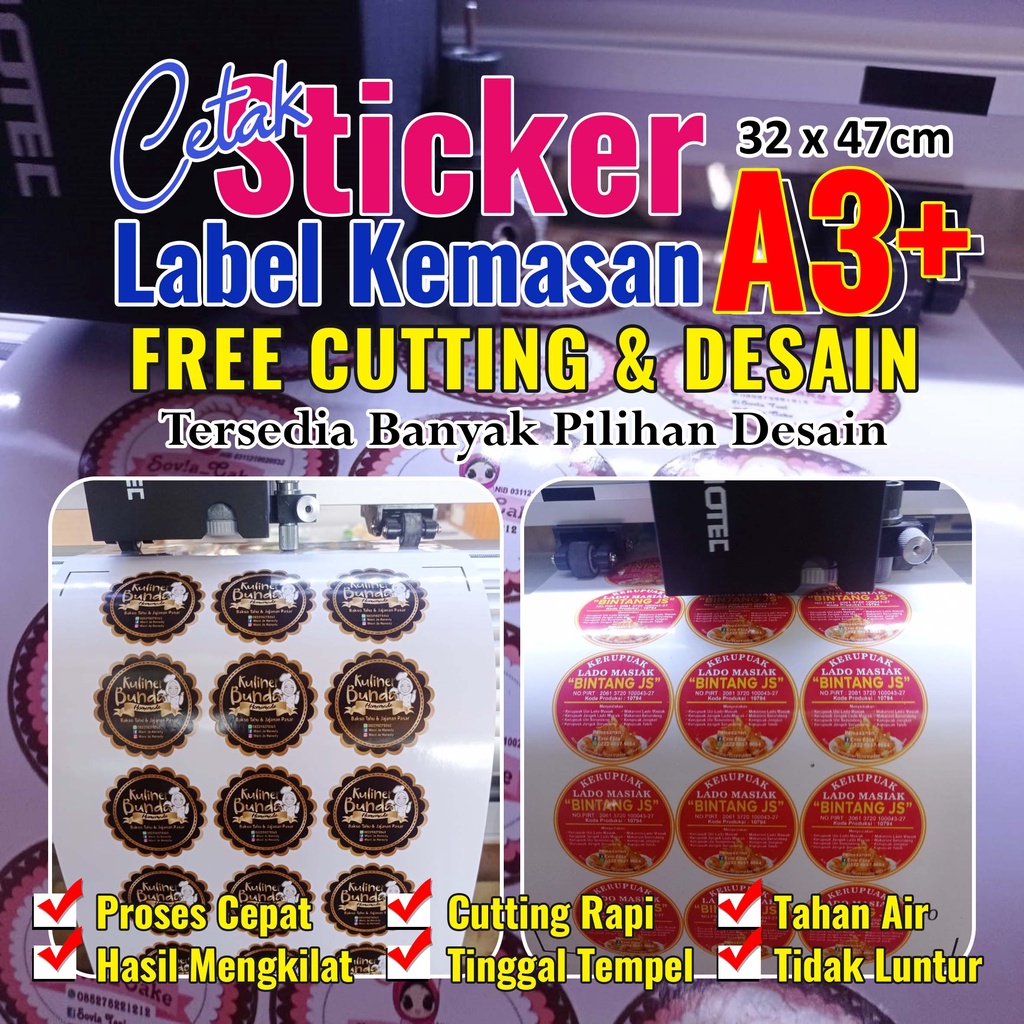 CETAK STIKER A3+ TAHAN AIR GRATIS DESAIN DAN CUTTING