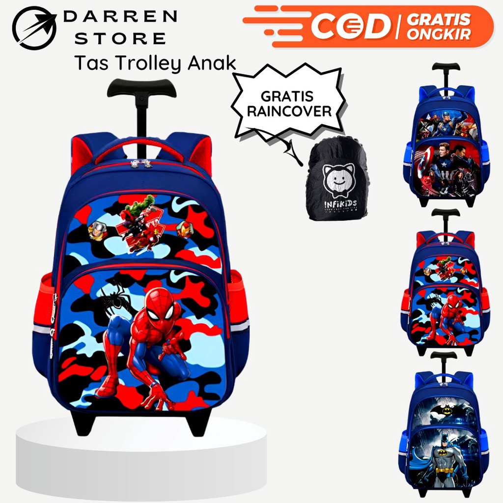 Tas Troli Anak Sekolah SD Laki Laki import 1925 Tas Dorong Superhero Ransel Trolly SD Timbul