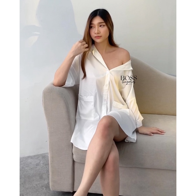 zu9042 Babydoll Berkerah Kemeja Kantong Lingerie Sleepwear Chiffon Putih White Hitam Blac kAa8495 Bb1490-1647 - Putih