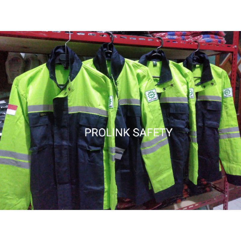 SERAGAM SAFETY PREMIUM ORIGINAL SEMI JAKET HIJAU STABILO DONGKER FREE LOGO K3 BENDERA REAL PICTURE