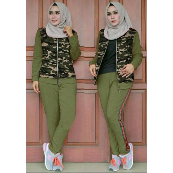 PG Fashion- Stelan Training Army Baju Senam Wanita /Baju Olahraga Muslim Wanita
