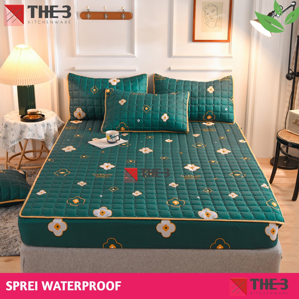 SPREI WATERPOOF - SPREI ANTI AIR - SPREI SULTAN WATERPROOF - KUALITAS NO.1-HIJAU BUNGA PUTIH180