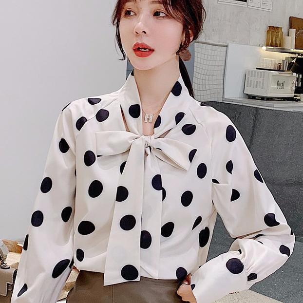 ➱ Yang baru Kemeja Sifon Polka Doat Leher V lengan panjang Atasan sifon dengan pita dan pita ۩
