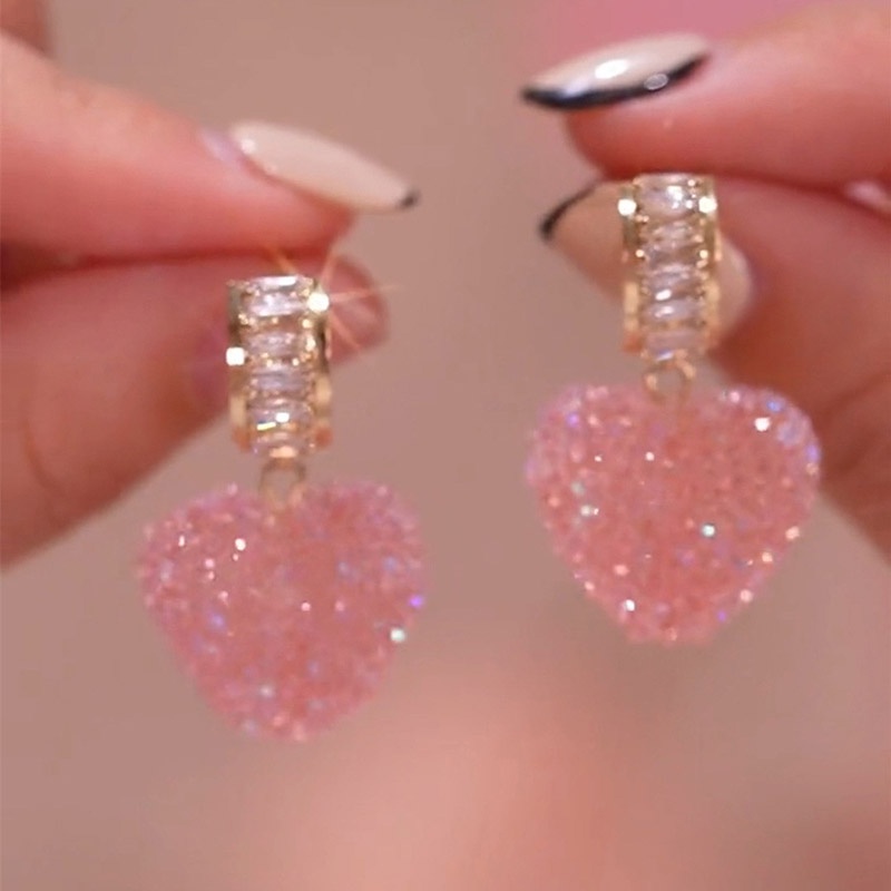 Anting Bentuk Hati Warna Pink Aksen Berlian Imitasi