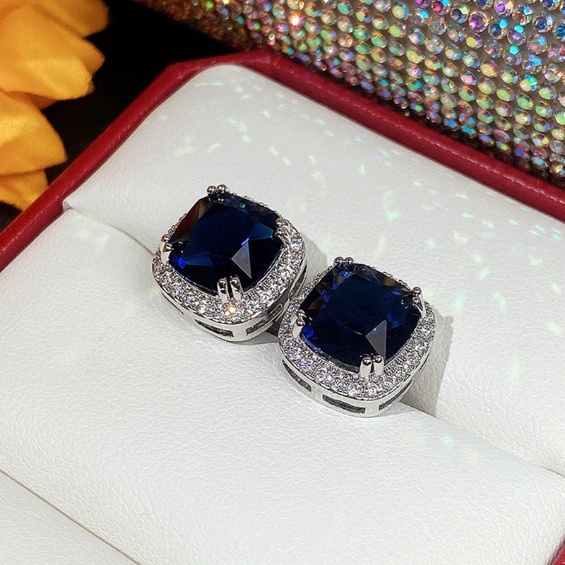 Anting Stud Cubic Zirconia Warna Biru Untuk Wanita