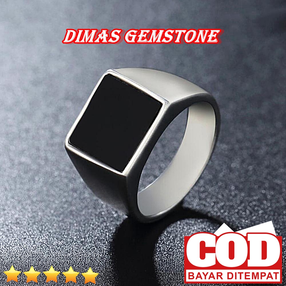 Cincin Batu Akik Black Onyx Kotak Ring Stainless Steel Polos